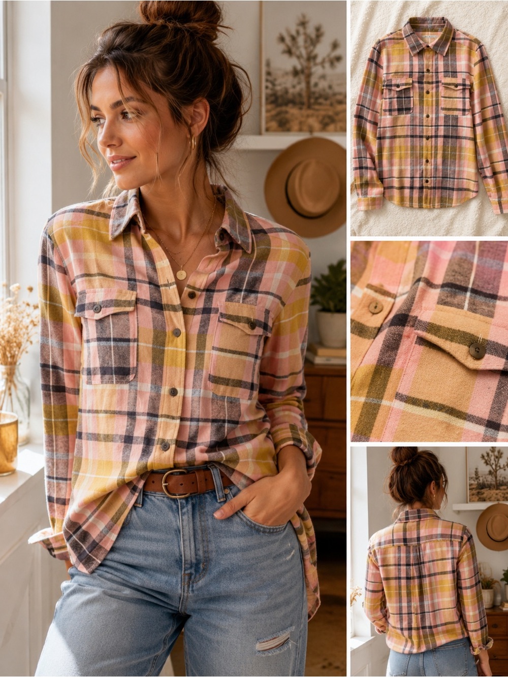 Free People Pink and Mustard Plaid Button-Up Shirt